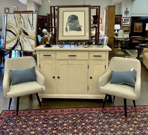 Pair of Tan Upholstered Swivel Chairs: $349.00